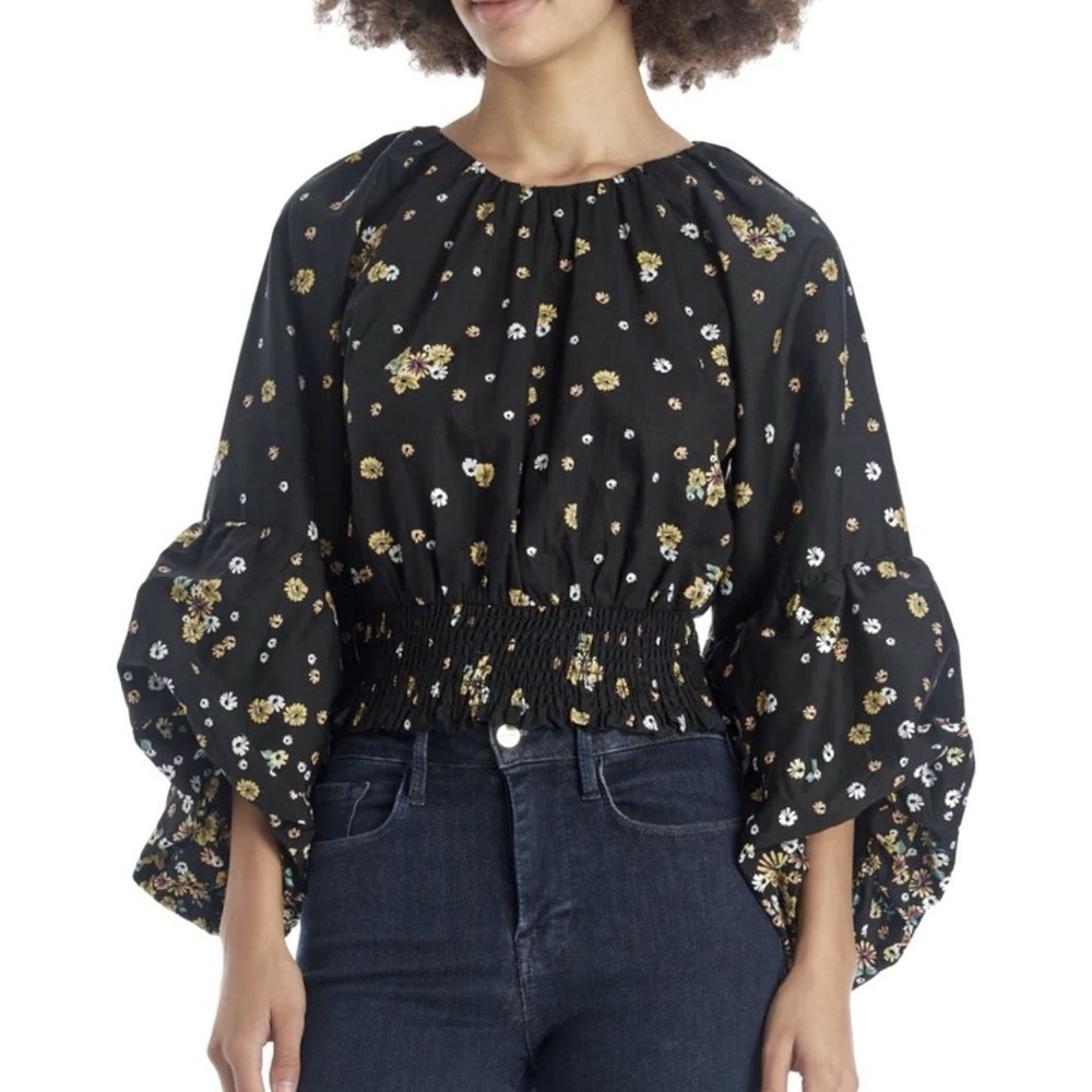 Lost + Wander Balloon Sleeve Top Small Smocked Black Dark Fairy Romantic Boho